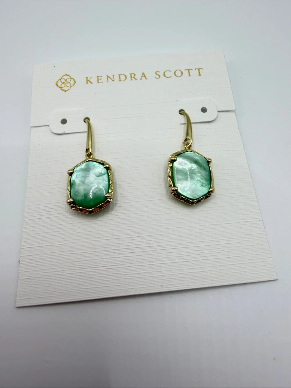 Kendra Scott Gold-Tone Drop Earrings with Light Green Stones - Picture 2 of 6